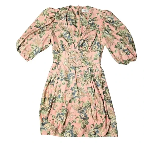 Zimmermann Tempest Lace Up Dress Pink Floral Size: 0